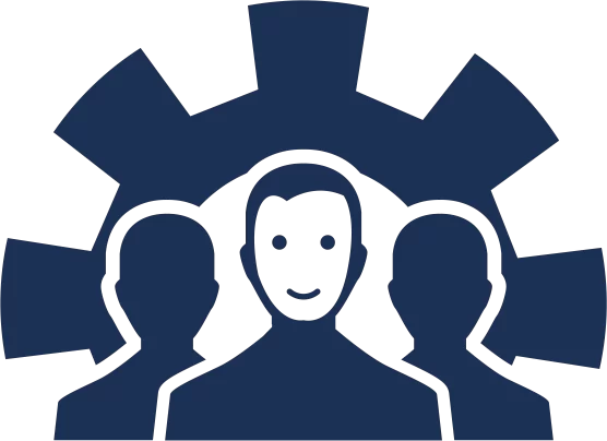 Dark blue icon depicting teamwork and collaboration, featuring silhouettes of people arranged in front of a gear. A strong team working together to achieve goals effectively. Dark blue icon depicting teamwork and collaboration, featuring silhouettes of people arranged in front of a gear. A strong team working together to achieve goals effectively.